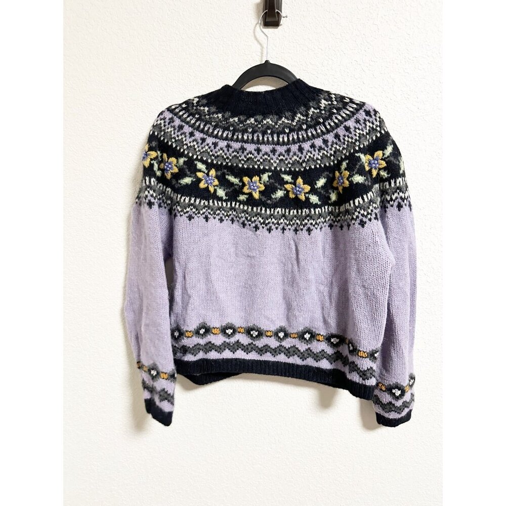 Icelandic Design Vintage Wool Angora Knit Cardigan Zip Up Fair Isle Floral Large - Picture 2 of 5